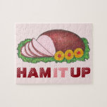 HAM IT UP Pink Holiday Ham Funny Christmas Puzzle<br><div class="desc">Puzzle features an original marker illustration of a glazed holiday ham on a platter with pineapples,  printed on a pale pink background. HAM IT UP is printed underneath in a fun burgundy and pink font. Perfect as a stocking stuffer or fun holiday gift!</div>