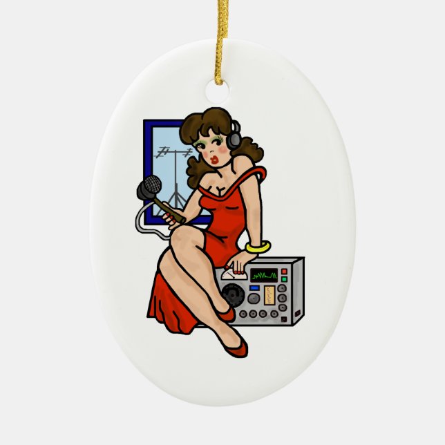 Ham Radio Pin-up Girl Brunette Christmas Ornament (Front)