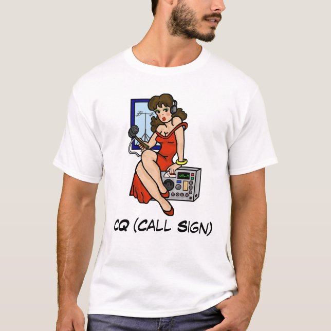 Ham Radio Pin-up Girl Brunette Tshirt Customize It (Front)