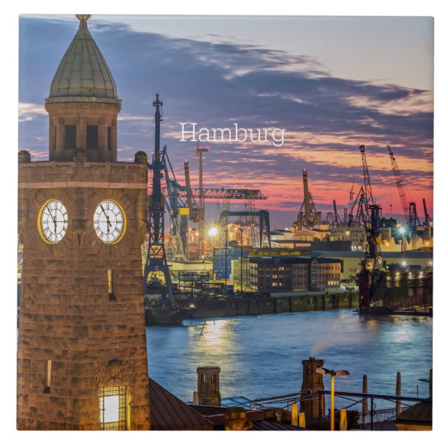 Hamburg, Germany panoramic view at twilight Ceramic Tile (Front)