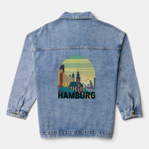 Hamburg Germany Skyline Silhouette Outline Sketch_ Denim Jacket