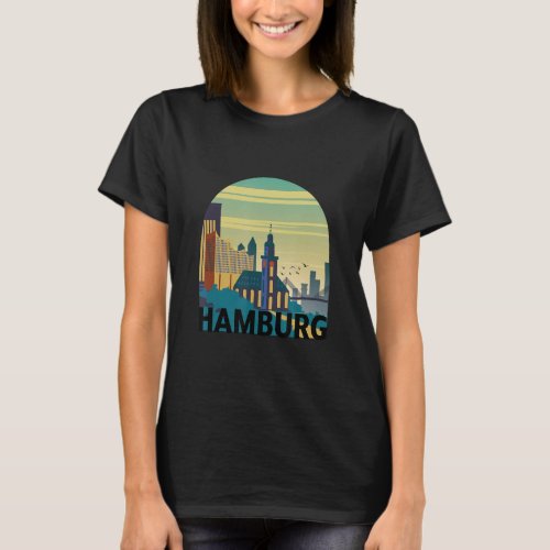 Hamburg Germany Skyline Silhouette Outline Sketch_ T_Shirt