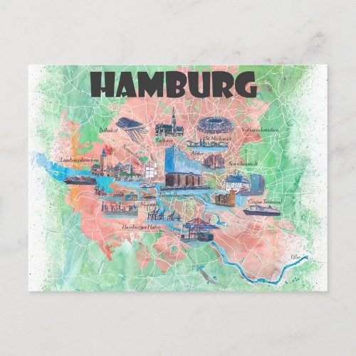 Hamburg Germany Travel Favorite Map  Postcard