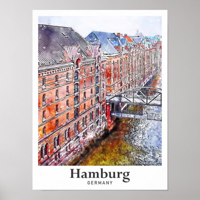 Hamburg Germany Travel Watercolor Hand Drawn Poster (Front)