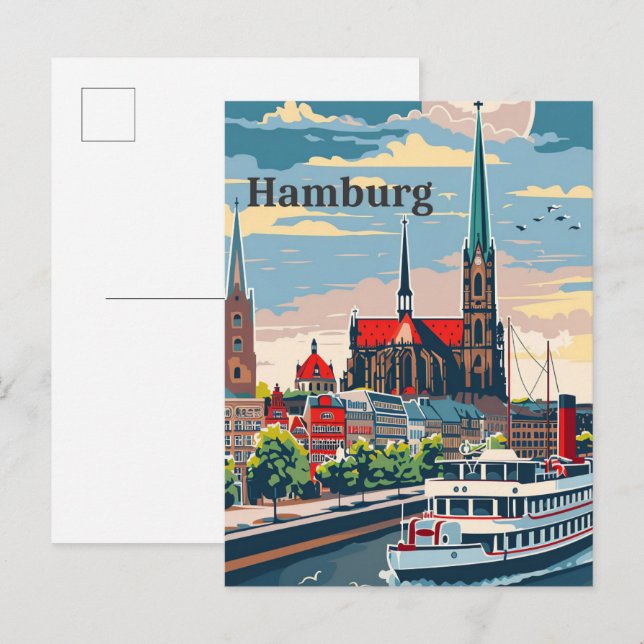 Hamburg Germany Vintage Retro Travel Illustration Postcard (Front/Back)