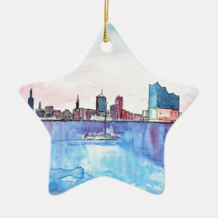 Hamburg Harbour Skyline And Elbe Philharmonic Hall Ceramic Ornament