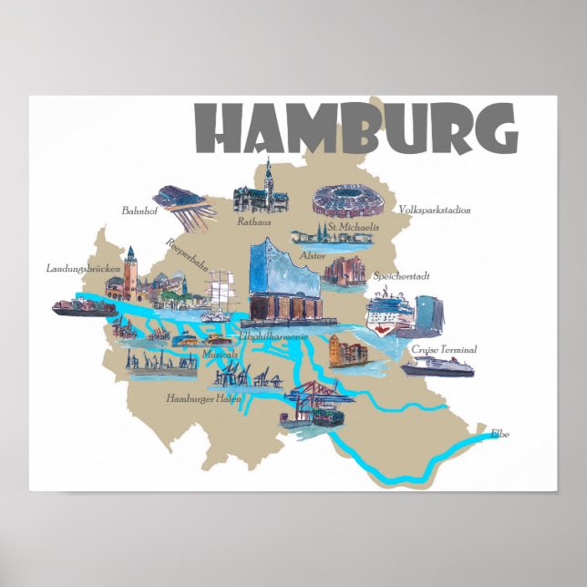 Hamburg highlights map poster (Front)