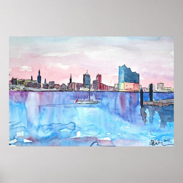 Hamburg Skyline and Elbe Philharmonic Hall at Dusk Poster (Front)