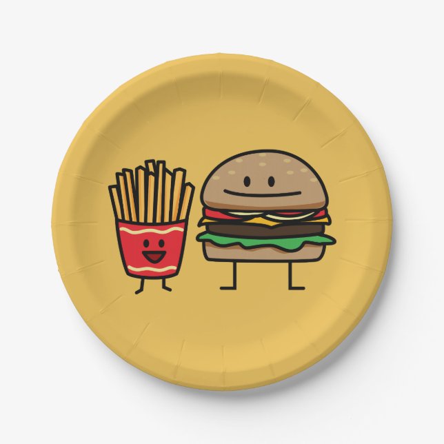 Hamburger and Fries fast food bun junk fried hot Paper Plates (Front)