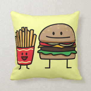 Hamburger and Fries fast food bun junk fried hot Throw Pillow