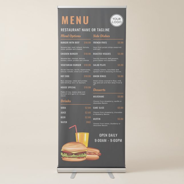 Hamburger And Hot Dog Diner Restaurant Custom Menu Retractable Banner (Front)