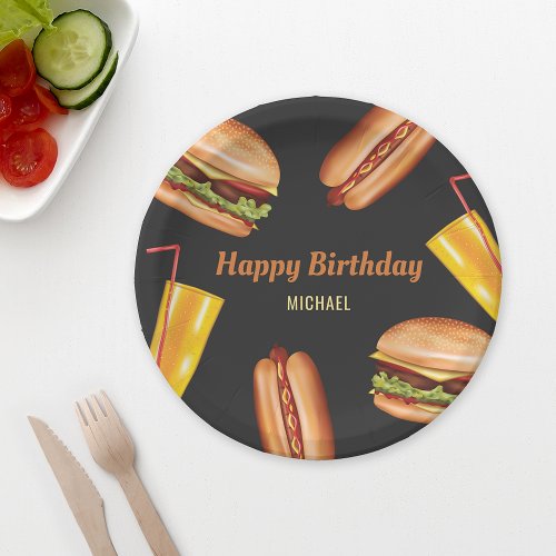 Hamburger And Hot Dog Fast Food Happy Birthday Paper Plates