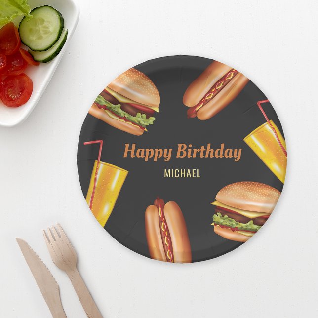 Hamburger And Hot Dog Fast Food Happy Birthday Paper Plates (Creator Uploaded)