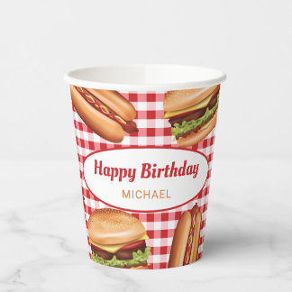 Hamburger And Hot Dog On Red Gingham Birthday Paper Cups