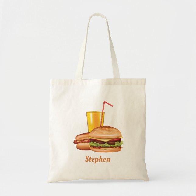 Hamburger And Hot Dog With Drink And Name Tote Bag (Front)