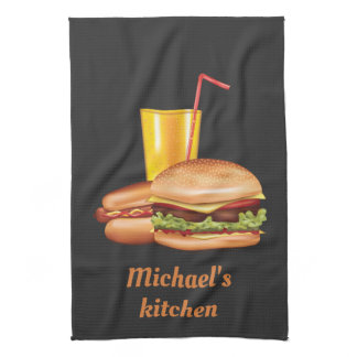 Hamburger And Hot Dog With Drink And Text Kitchen Towel