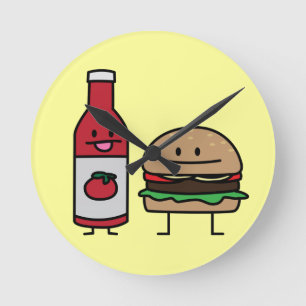 Hamburger and Ketchup fast food buddies bun patty Round Clock