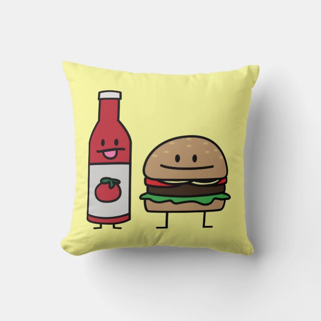 Hamburger and Ketchup fast food buddies bun patty Throw Pillow (Front)