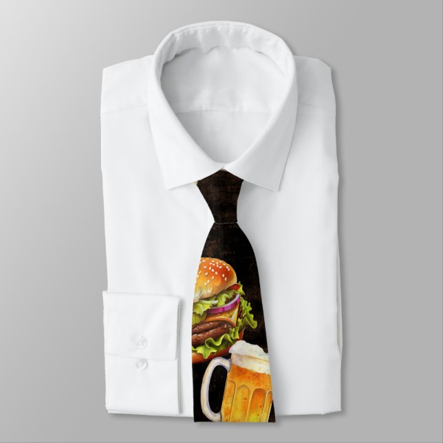Hamburger beer on dark neck tie (Tied)