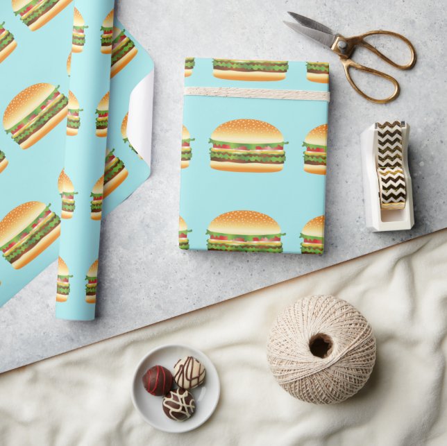 Hamburger Cartoon Illustrated Pattern On Blue Wrapping Paper (Crafts)