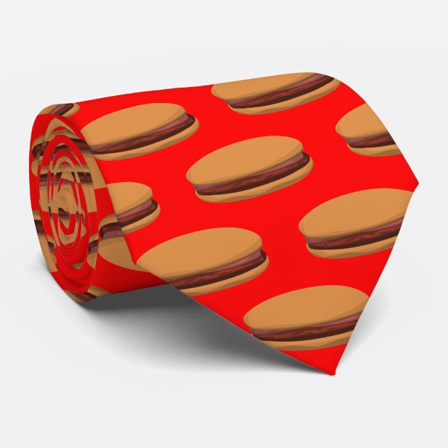Hamburger Cartoon Style On Red Background Tie (Rolled)
