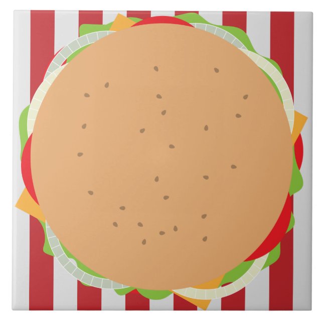Hamburger cheeseburger cute cafe red white striped ceramic tile (Front)