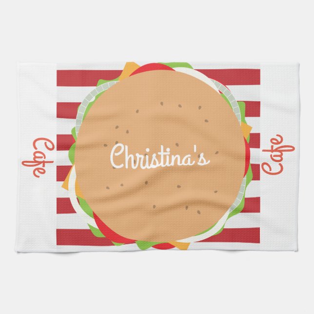 Hamburger cheeseburger cute cafe striped diner kitchen towel (Horizontal)