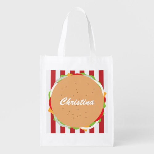 Hamburger cheeseburger cute cafe striped red white grocery bag
