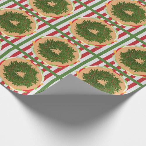 Hamburger cheeseburger holly wreath red green wrapping paper