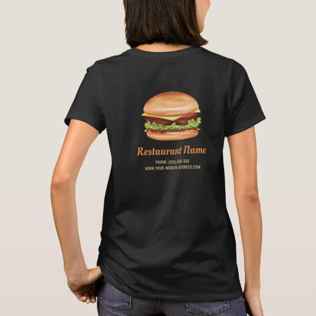 Hamburger Fast Food Diner Company Logo And Info T-Shirt (Back)