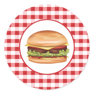Hamburger Fast Food Illustration On Red Gingham Classic Round Sticker