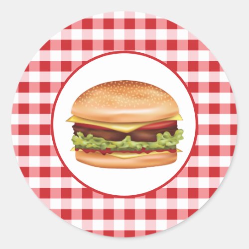 Hamburger Fast Food Illustration On Red Gingham Classic Round Sticker