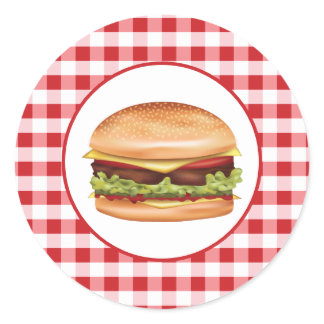 Hamburger Fast Food Illustration On Red Gingham Classic Round Sticker