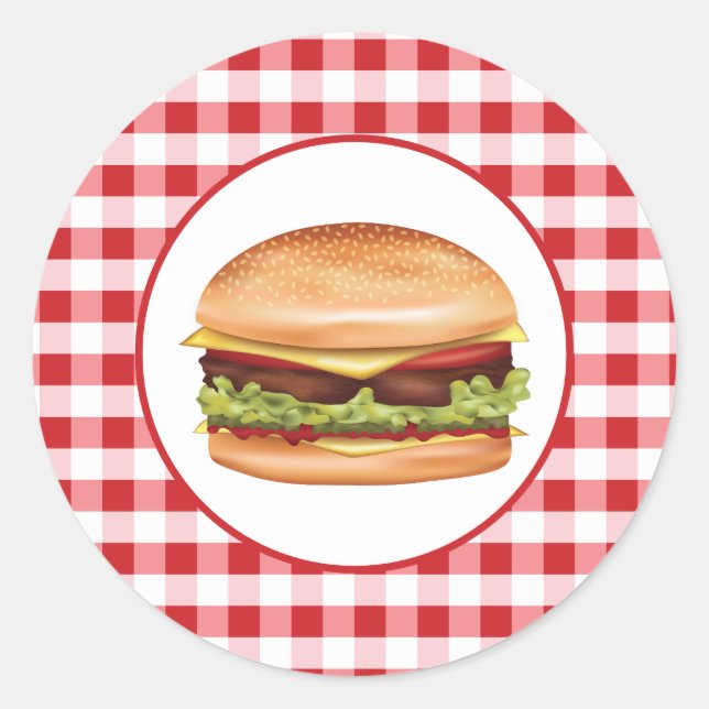 Hamburger Fast Food Illustration On Red Gingham Classic Round Sticker (Front)
