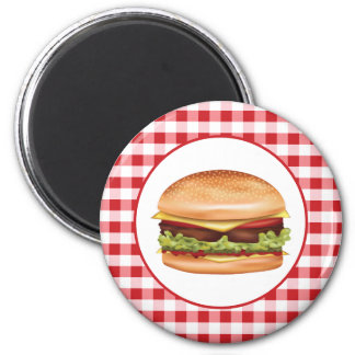 Hamburger Fast Food Illustration On Red Gingham Magnet