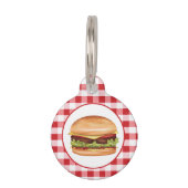 Hamburger Fast Food Illustration On Red Gingham Pet ID Tag (Front)