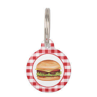 Hamburger Fast Food Illustration On Red Gingham Pet ID Tag