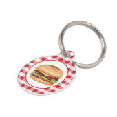 Hamburger Fast Food Illustration On Red Gingham Pet ID Tag (Side)