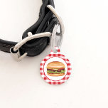 Hamburger Fast Food Illustration On Red Gingham Pet ID Tag<br><div class="desc">Destei's illustration of a hamburger that has a sesame seed bun that is filled with cheese, lettuce, beef, tomato, ketchup and pickles. On the other side there are two personalizable text areas where one is ideal for the name of the pet while the other one could be used for the...</div>
