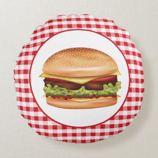 Hamburger Fast Food Illustration On Red Gingham Round Pillow