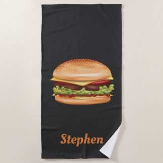 Hamburger Fast Food Illustration With Custom Name Beach Towel