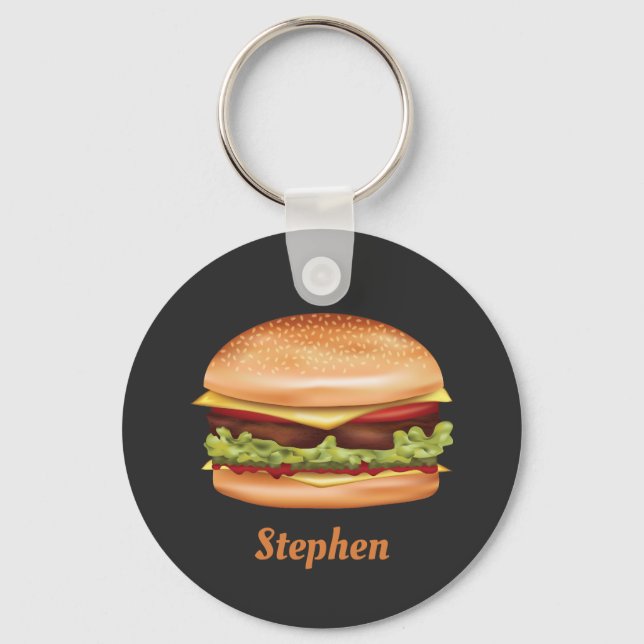 Hamburger Fast Food Illustration With Custom Name Keychain (Front)
