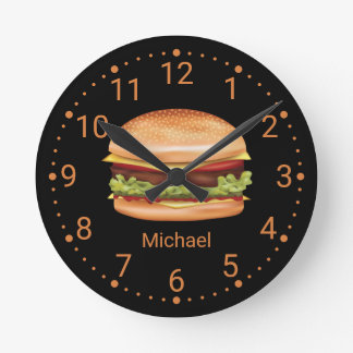 Hamburger Fast Food Illustration With Custom Name Round Clock