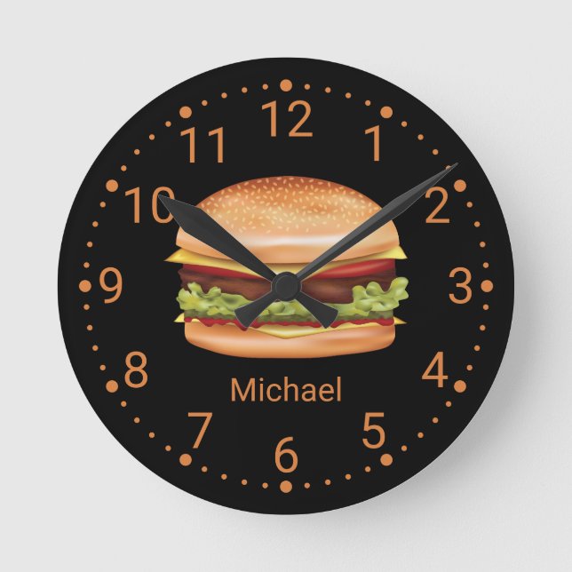 Hamburger Fast Food Illustration With Custom Name Round Clock (Front)