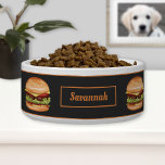 Hamburger Fast Food Illustration With Pet's Name Bowl<br><div class="desc">Destei's illustration of a hamburger that has a sesame seed bun that is filled with cheese, lettuce, beef, tomato, ketchup and pickles. The background color is dark, nearly black with thin orange border on the top and bottom. There is also a personalizable text area for a name or other custom...</div>