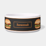 Hamburger Fast Food Illustration With Pet's Name Bowl<br><div class="desc">Destei's cartoon illustration of a hamburger that has a sesame seed bun that is filled with cheese, lettuce, beef, tomato, ketchup and pickles. The background color is dark, nearly black with thin orange border on the top and bottom. There is also a personalizable text area for a name or other...</div>