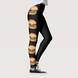 Hamburger Fast Food Illustrations On Black Leggings