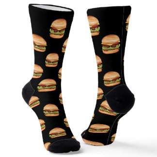 Hamburger Fast Food Pattern On A Black Background Socks