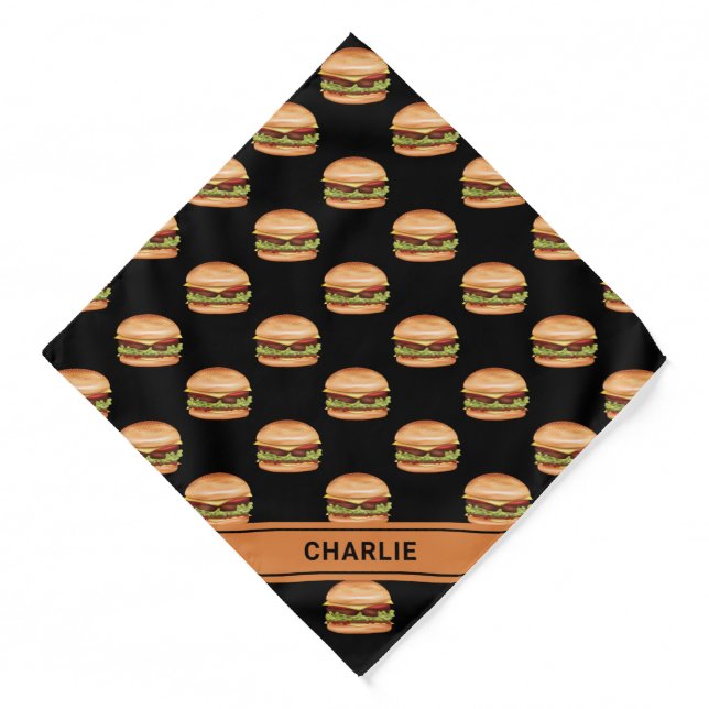 Hamburger Fast Food Pattern On Black And Name Bandana (Front)