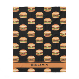Hamburger Fast Food Pattern On Black With Name Fleece Blanket